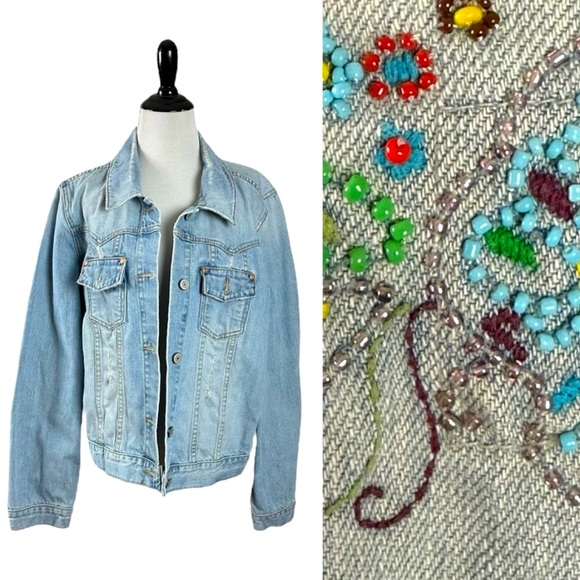 Old Navy Jackets & Blazers - Vintage Y2K Old Navy Bohemian Beaded Denim Jean Jacket Women’s XXL Light Wash